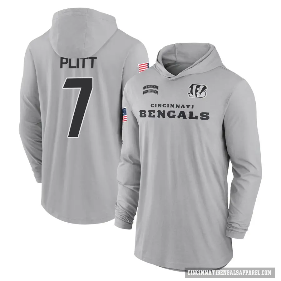 Youth ＃7 Drew Plitt Cincinnati Bengals Gray 2024 Salute to Service Lightweight Performance Long Sleeve Hooded T-Shirt