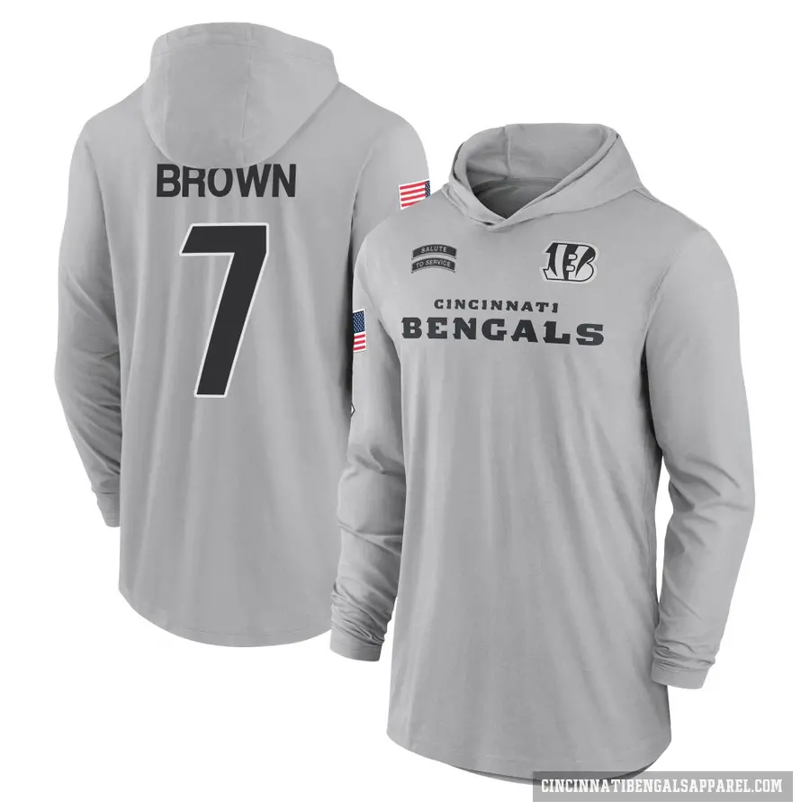Youth ＃7 Jon Brown Cincinnati Bengals Brown Gray 2024 Salute to Service Lightweight Performance Long Sleeve Hooded T-Shirt