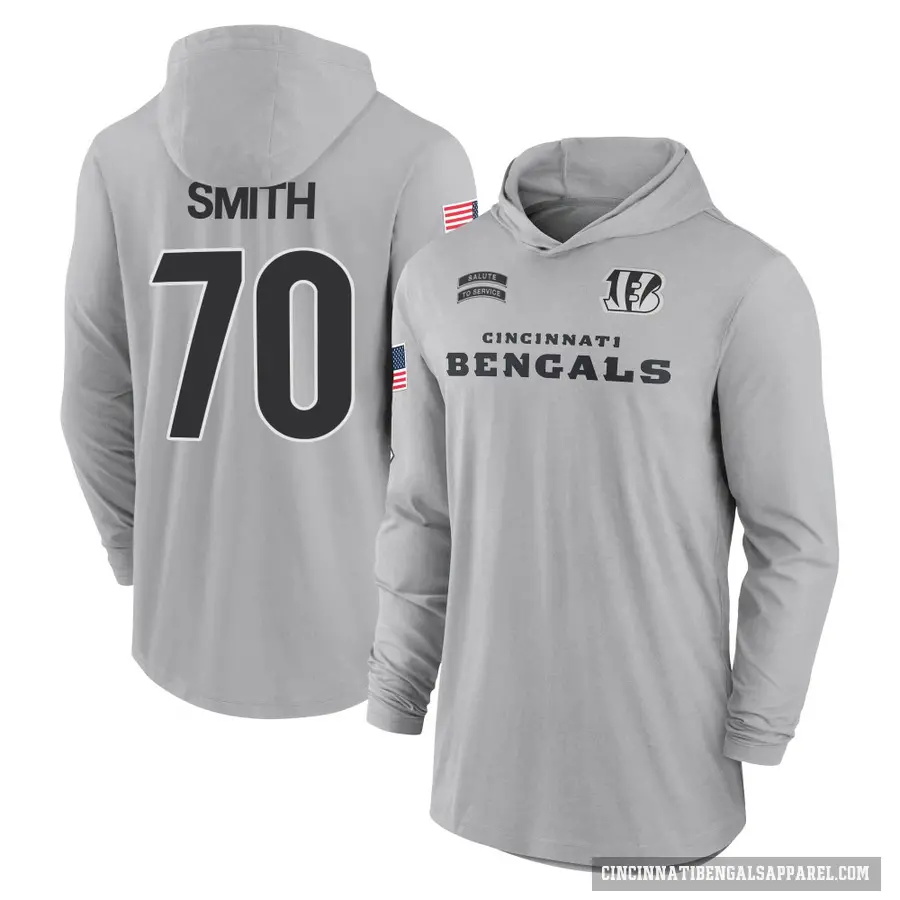 Youth ＃70 D'Ante Smith Cincinnati Bengals Gray 2024 Salute to Service Lightweight Performance Long Sleeve Hooded T-Shirt