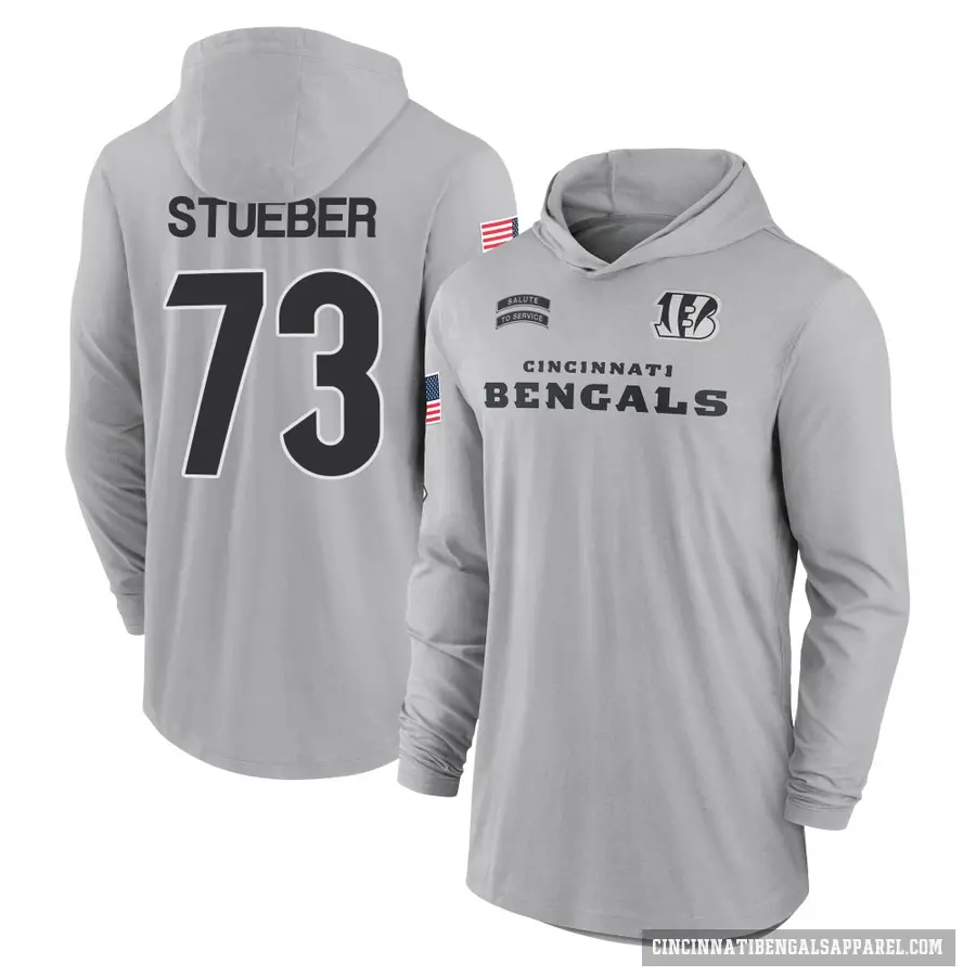 Youth ＃73 Andrew Stueber Cincinnati Bengals Gray 2024 Salute to Service Lightweight Performance Long Sleeve Hooded T-Shirt