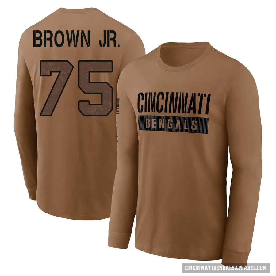 Youth ＃75 Orlando Brown Jr. Cincinnati Bengals Brown 2023 Salute To Service Long Sleeve T-Shirt