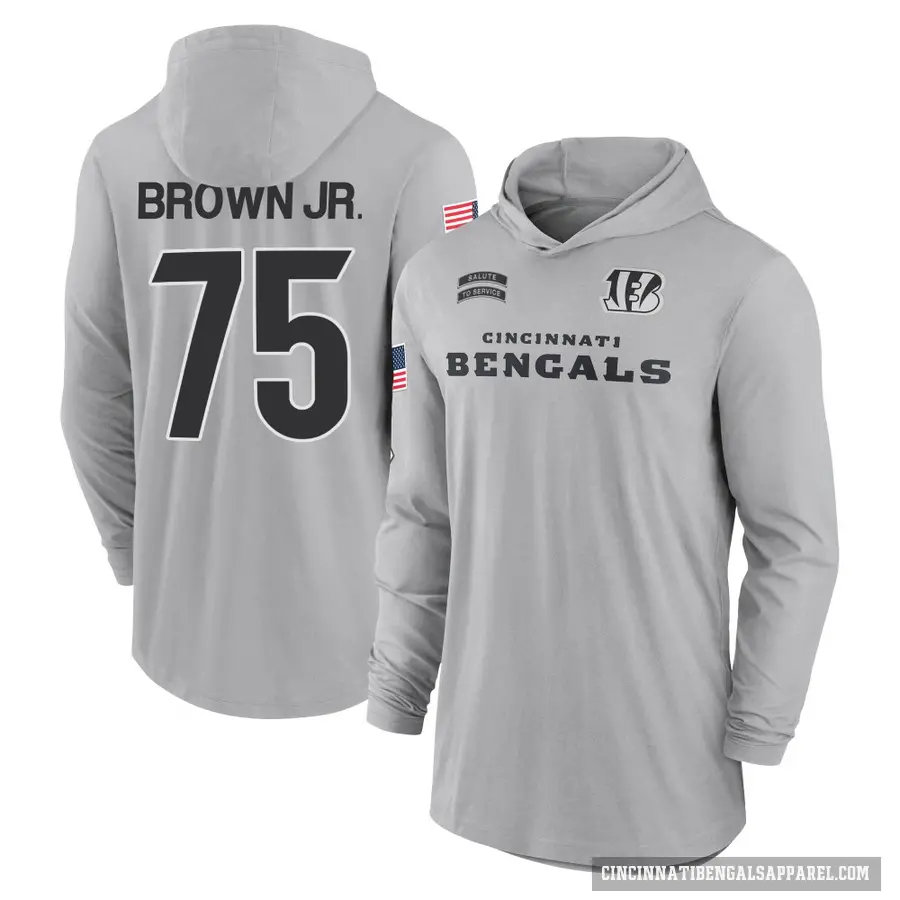 Youth ＃75 Orlando Brown Jr. Cincinnati Bengals Brown Gray 2024 Salute to Service Lightweight Performance Long Sleeve Hooded T-Sh