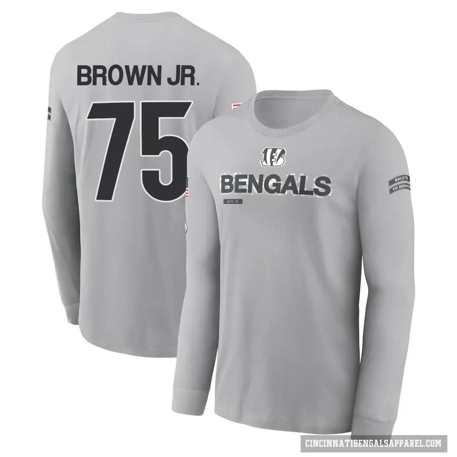 Youth ＃75 Orlando Brown Jr. Cincinnati Bengals Brown Gray 2024 Salute to Service Long Sleeve T-Shirt