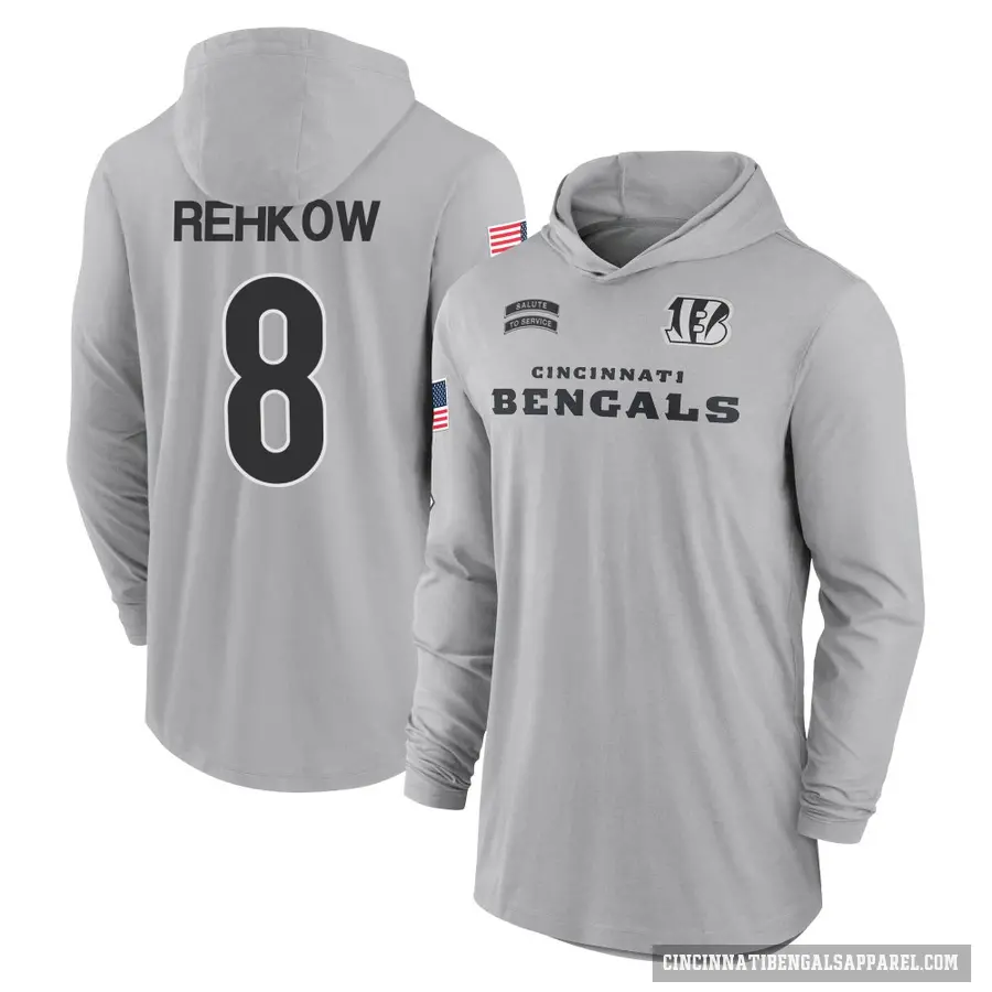 Youth ＃8 Ryan Rehkow Cincinnati Bengals Gray 2024 Salute to Service Lightweight Performance Long Sleeve Hooded T-Shirt