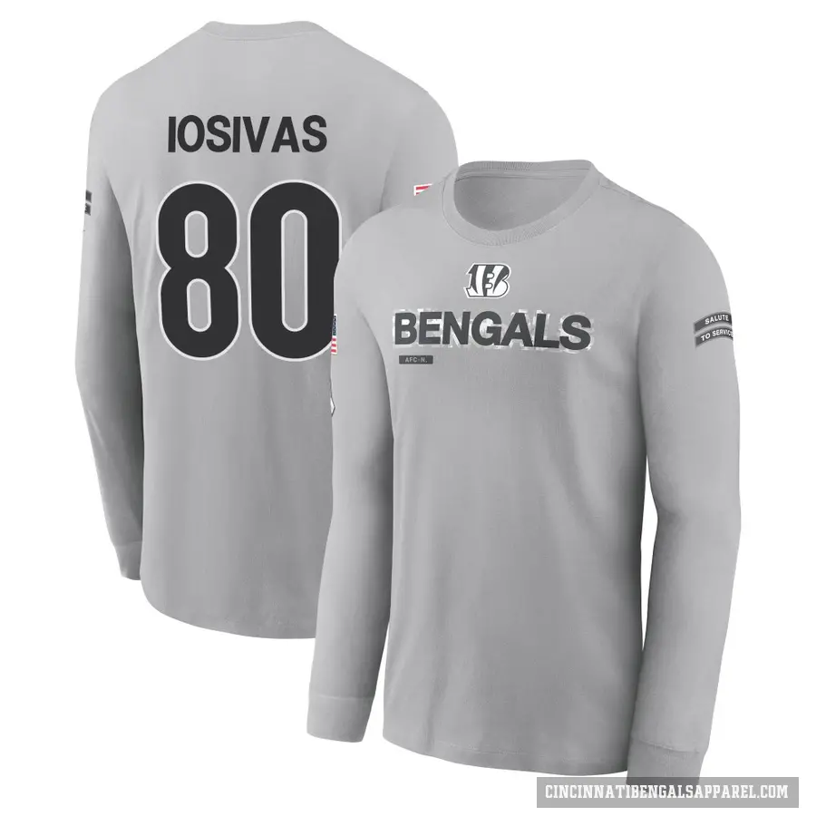 Youth ＃80 Andrei Iosivas Cincinnati Bengals Gray 2024 Salute to Service Long Sleeve T-Shirt
