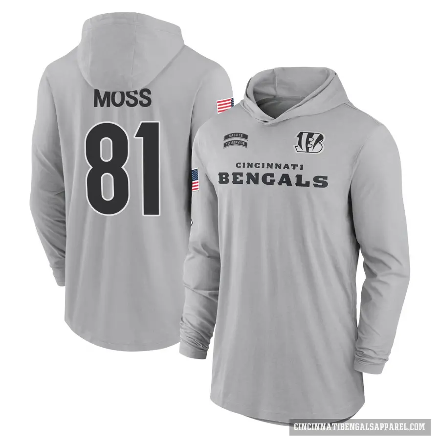 Youth ＃81 Thaddeus Moss Cincinnati Bengals Gray 2024 Salute to Service Lightweight Performance Long Sleeve Hooded T-Shirt