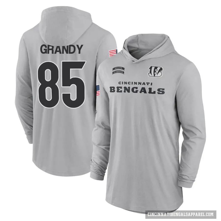 Youth ＃85 Cam Grandy Cincinnati Bengals Gray 2024 Salute to Service Lightweight Performance Long Sleeve Hooded T-Shirt