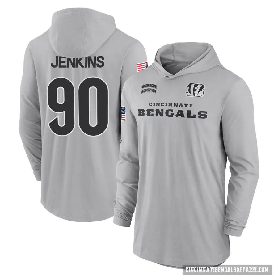 Youth ＃90 Kris Jenkins Jr. Cincinnati Bengals Gray 2024 Salute to Service Lightweight Performance Long Sleeve Hooded T-Shirt