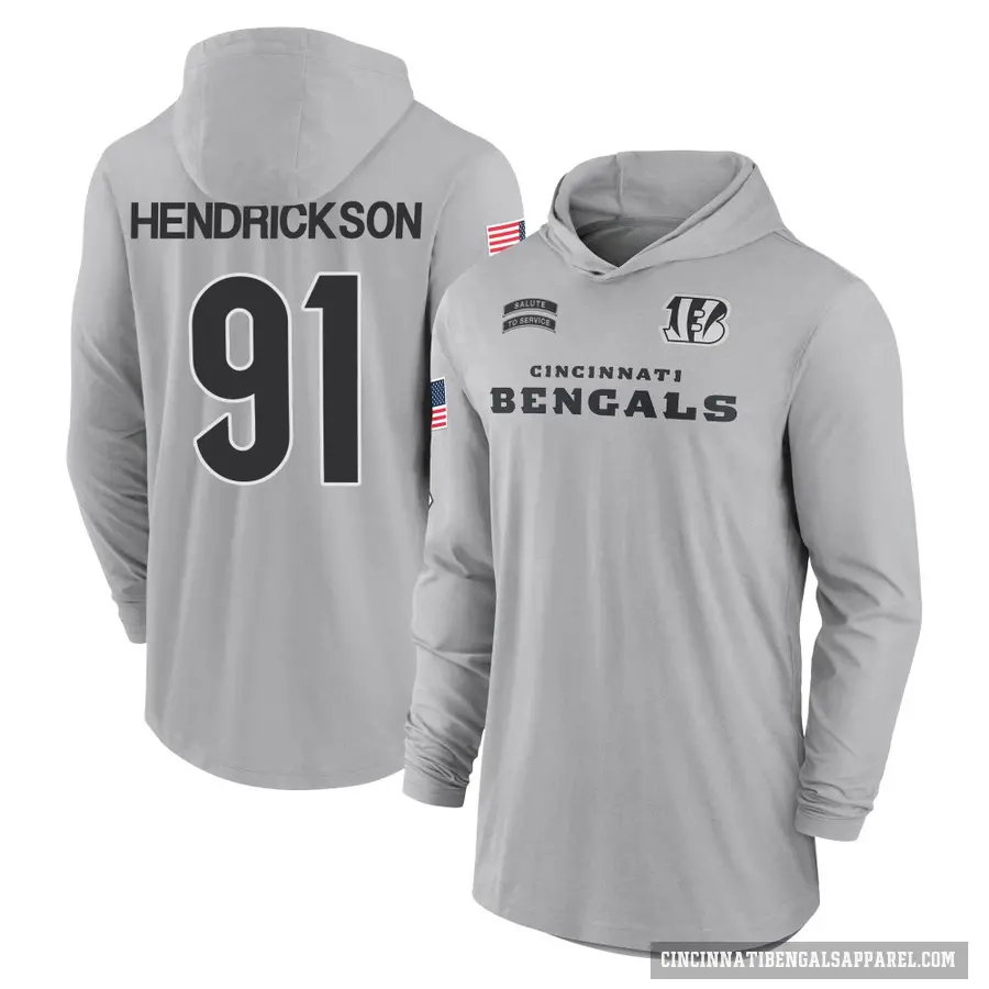 Youth ＃91 Trey Hendrickson Cincinnati Bengals Gray 2024 Salute to Service Lightweight Performance Long Sleeve Hooded T-Shirt