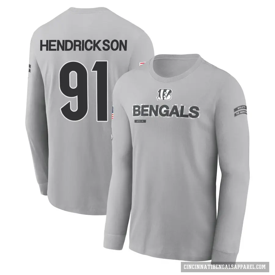 Youth ＃91 Trey Hendrickson Cincinnati Bengals Gray 2024 Salute to Service Long Sleeve T-Shirt