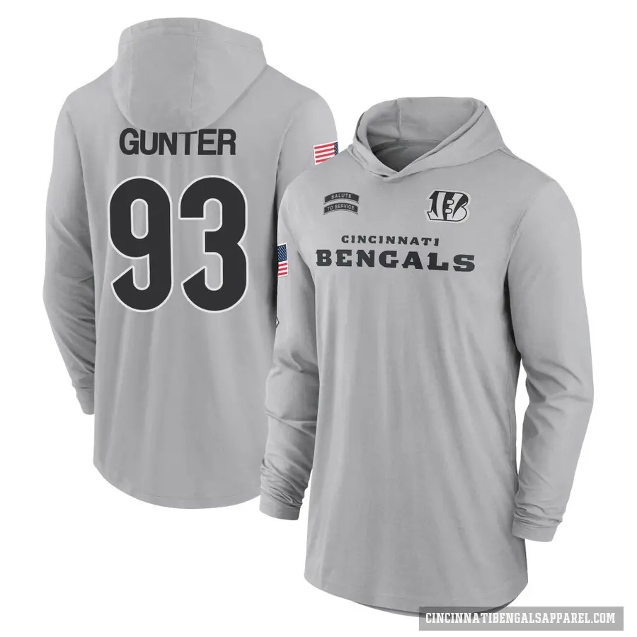 Youth ＃93 Jeff Gunter Cincinnati Bengals Gray 2024 Salute to Service Lightweight Performance Long Sleeve Hooded T-Shirt