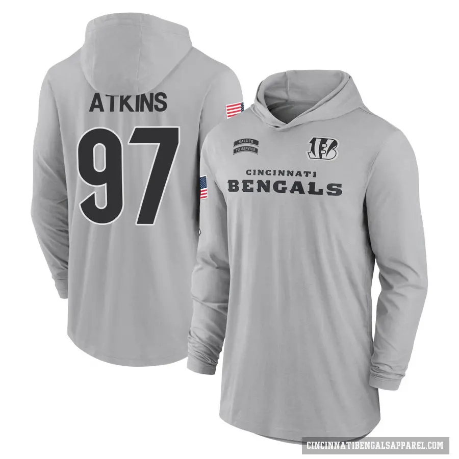 Youth ＃97 Geno Atkins Cincinnati Bengals Gray 2024 Salute to Service Lightweight Performance Long Sleeve Hooded T-Shirt